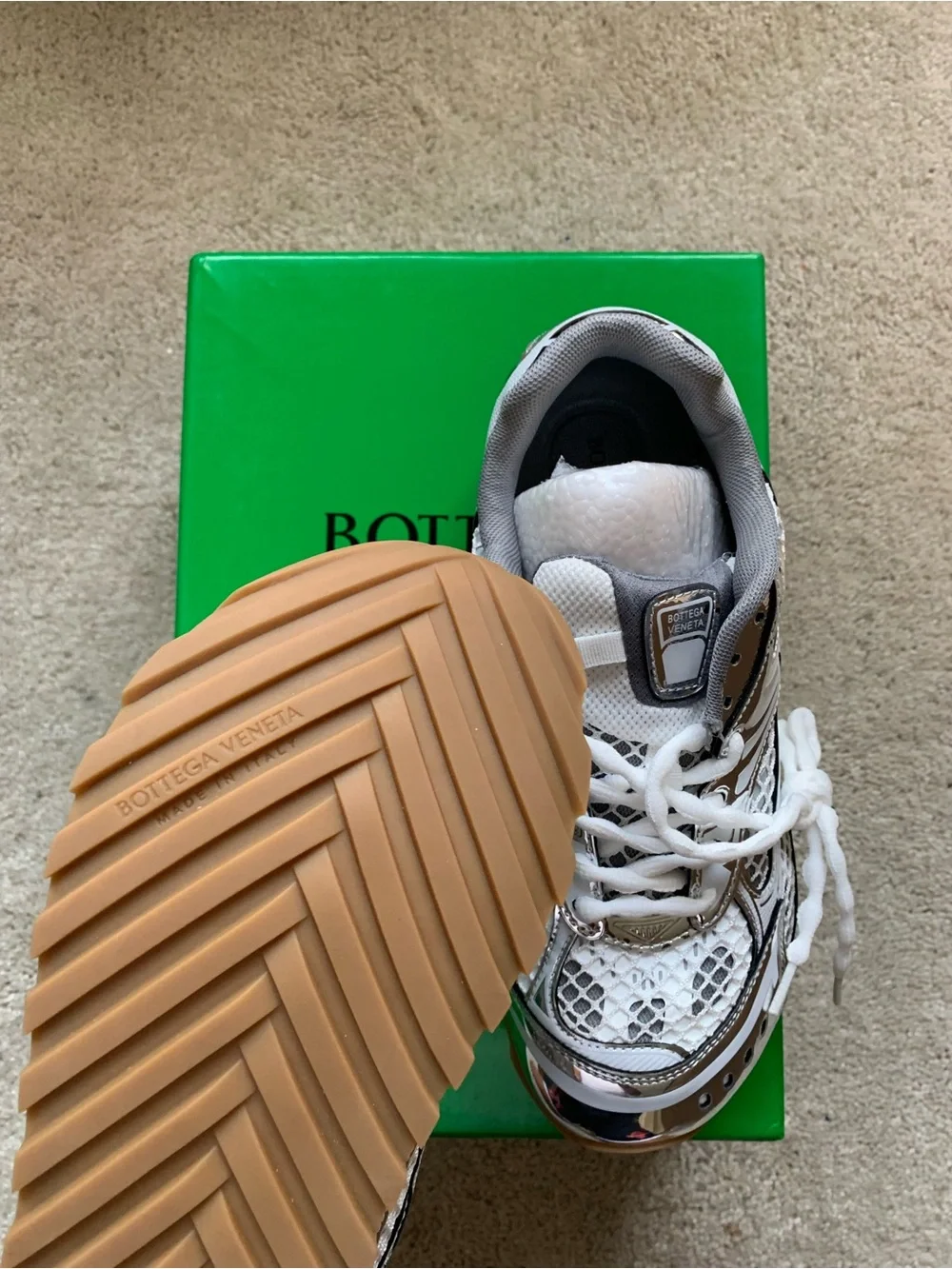 Bottega Veneta White & Silver Mesh Trail Sneakers